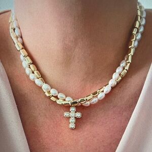 Gold & Pearl Double Strand Necklace with Crystal Cross Pendant
